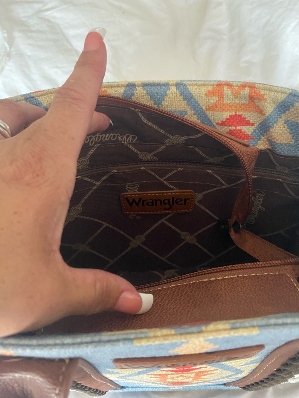 Wrangler Aztec Canvas Tote in Light Blue, Tan and Orange - Picture 2 of 4